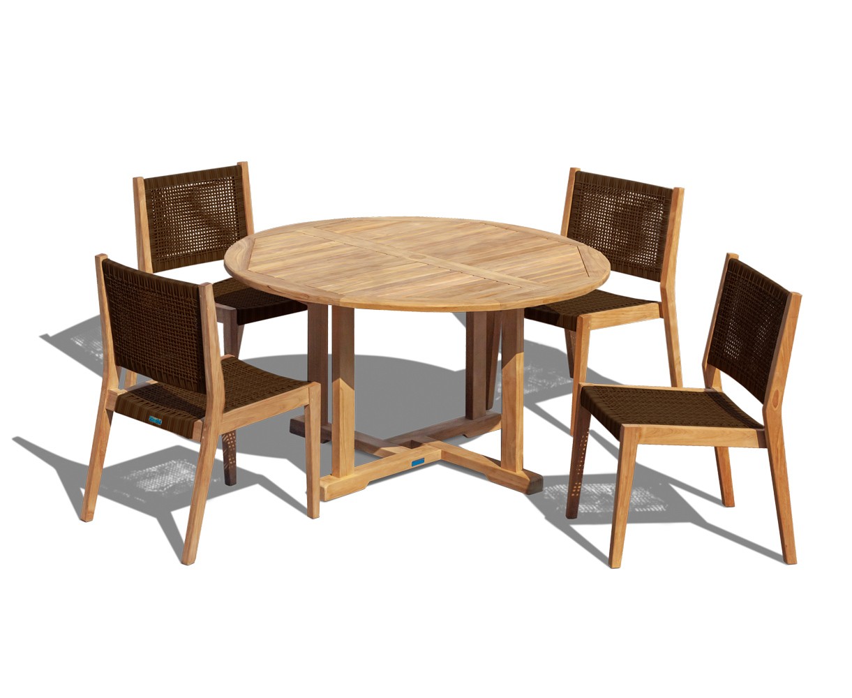 Canfield 1.3m Round Teak Set with 4 Sora Woven Stacking Chairs
