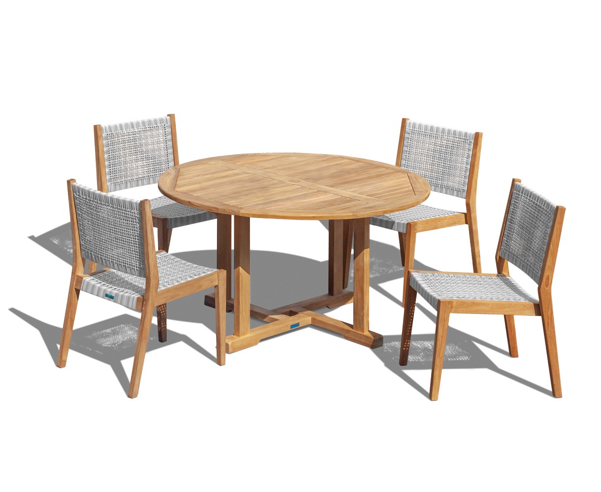 Canfield 1.3m Round Teak Set with 4 Sora Woven Stacking Chairs