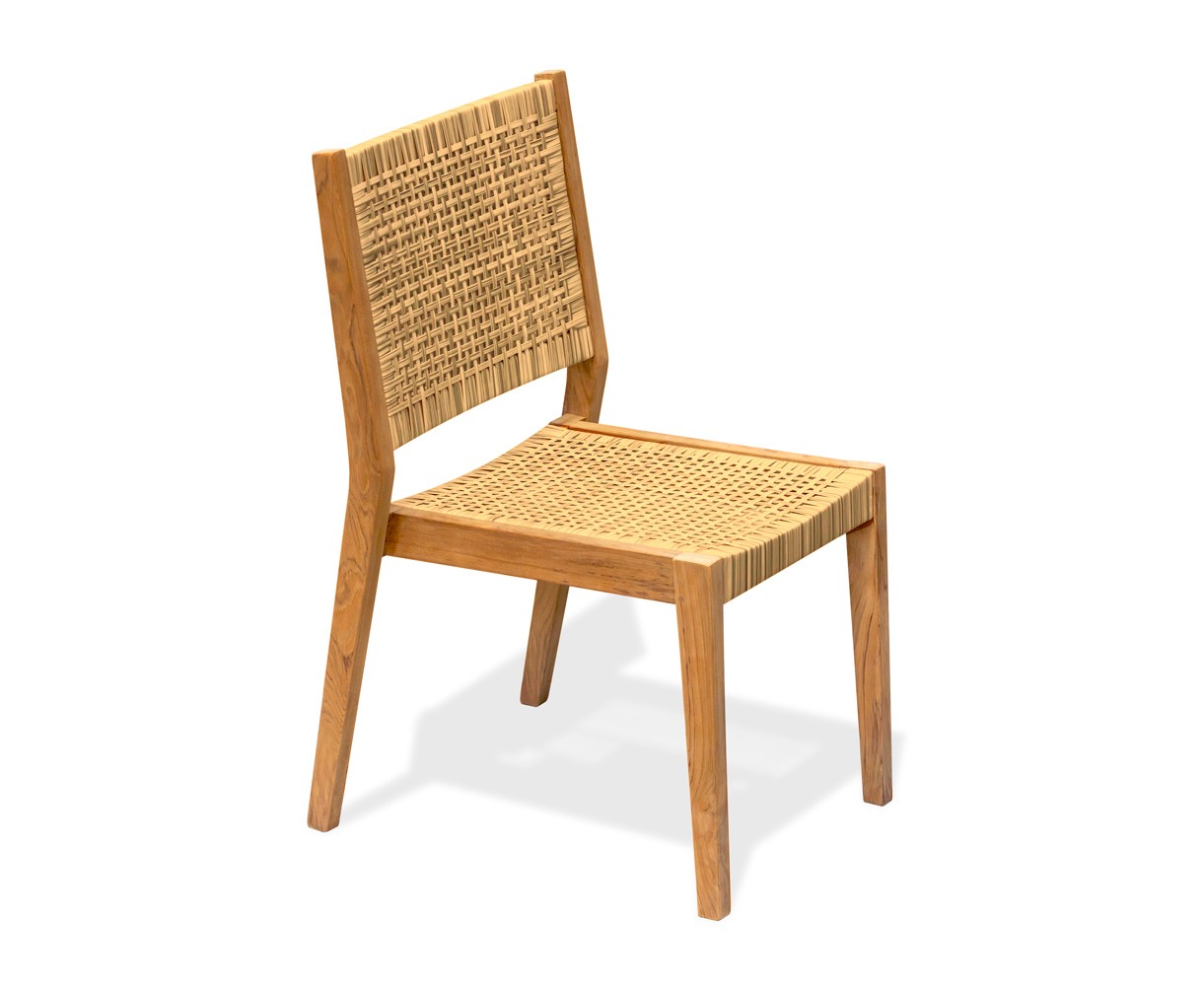 Canfield 1.3m Round Teak Set with 4 Sora Woven Stacking Chairs