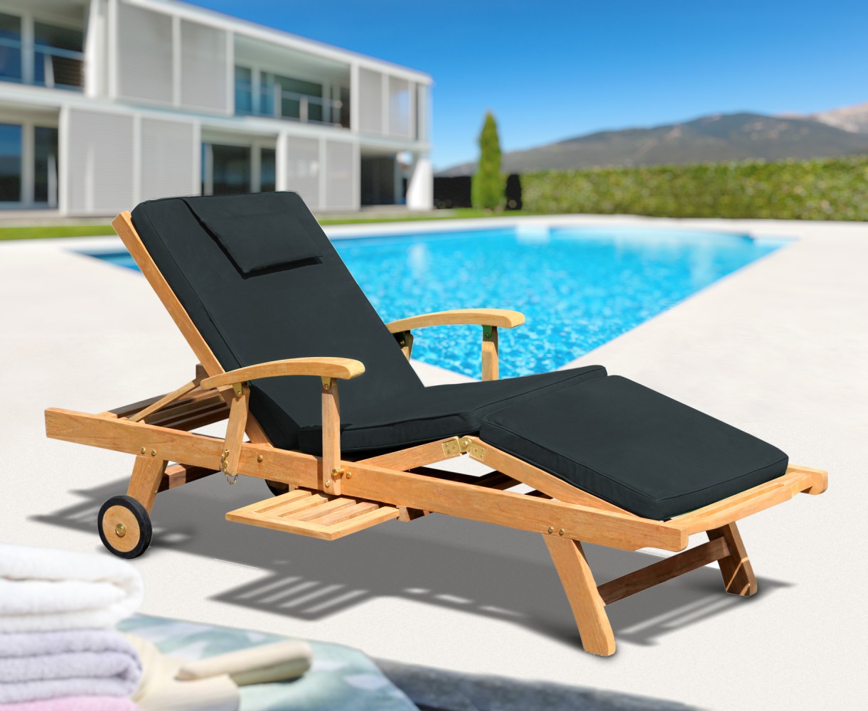 Luxury Reclining Teak Lounger with Arms & Cushion