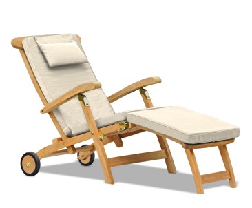 Halo Teak Steamer Chair with Cushion, Wheels & Brass Fittings