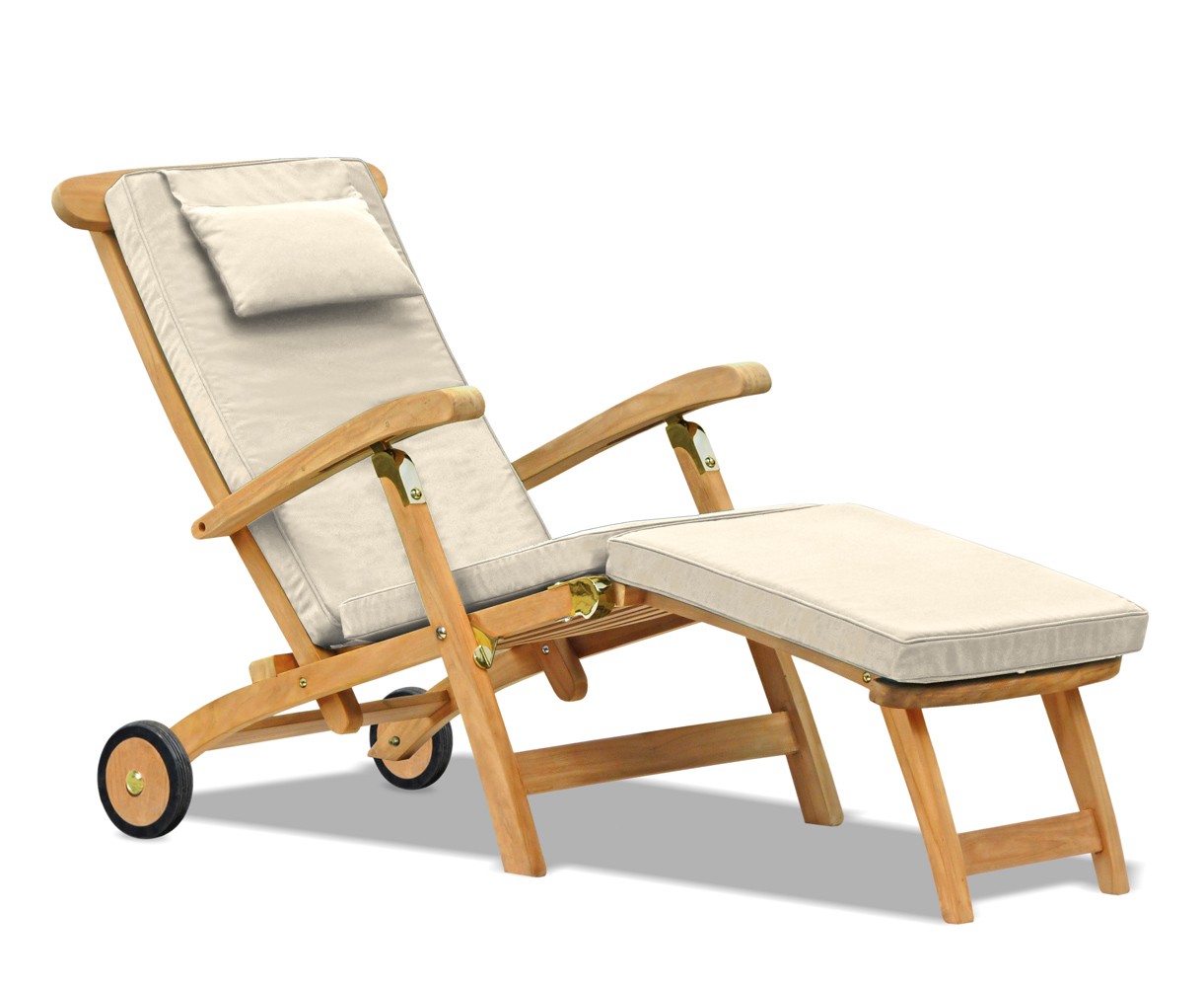 Halo Teak Steamer Chair with Cushion, Wheels & Brass Fittings