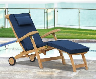 Halo Teak Steamer Chair with Cushion, Wheels & Brass Fittings