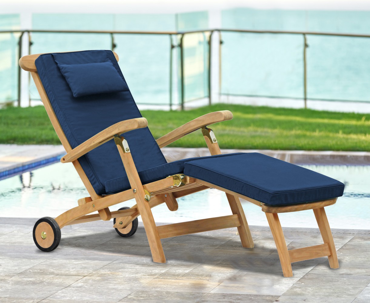 Halo Teak Steamer Chair with Cushion, Wheels & Brass Fittings