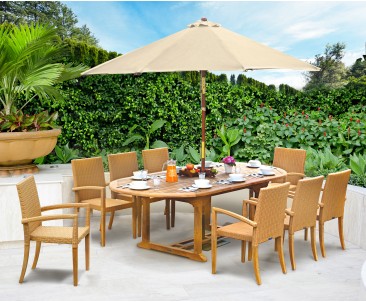 St Tropez 8 Seater Teak Table and Wicker Stacking Chairs Dining Set