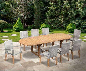 St Tropez Extending Teak Table and 8 Rattan Stacking Chairs Set