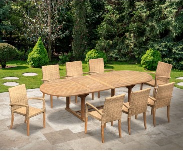 St Tropez Extending Teak Table and 8 Rattan Stacking Chairs Set