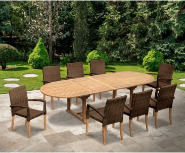 St Tropez Extending Teak Table and 8 Rattan Stacking Chairs Set