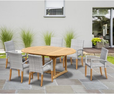St. Tropez Teak Garden Table and 6 Rattan Stackable Chairs Set