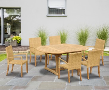 St. Tropez Teak Garden Table and 6 Rattan Stackable Chairs Set
