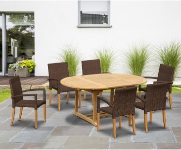 St Tropez Teak Garden Table and 6 Rattan Stackable Chairs Set