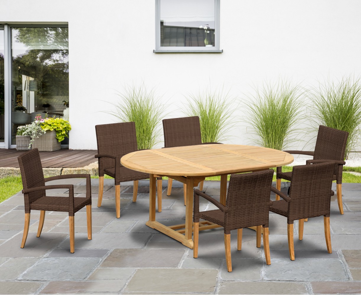 St Tropez Teak Garden Table and 6 Rattan Stackable Chairs Set