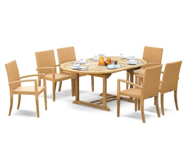 St. Tropez Teak Garden Table and 6 Rattan Stackable Chairs Set