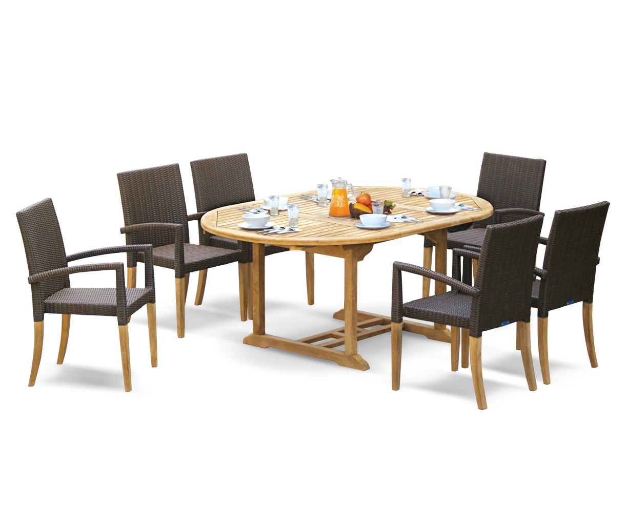 St Tropez Teak Garden Table and 6 Rattan Stackable Chairs Set