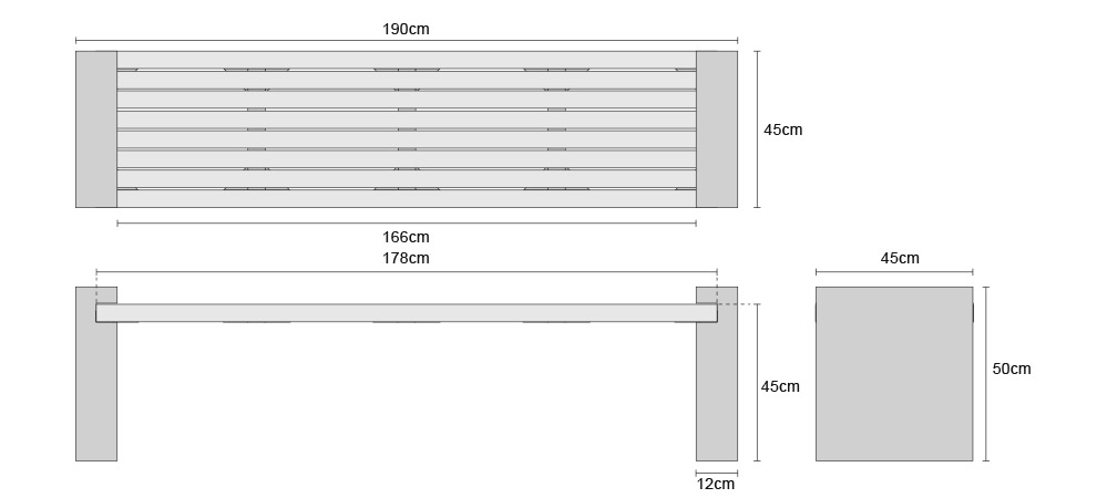 Gallery Teak and Granite Bench 1.9m - Dimensions