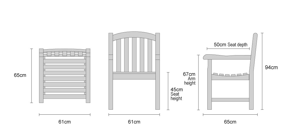 Clivedon Teak Fixed Armchair - Dimensions