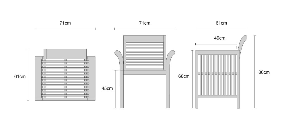 Aero Teak Fixed Armchairs - Dimensions