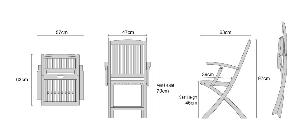 Teak Bali Folding Armchairs - Dimensions