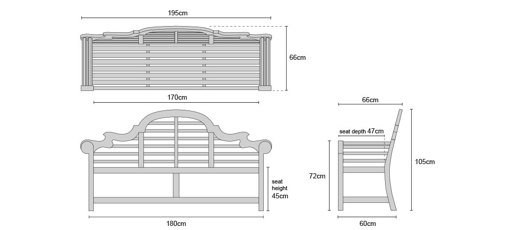 Lutyens Garden Bench 1.95m - Dimensions