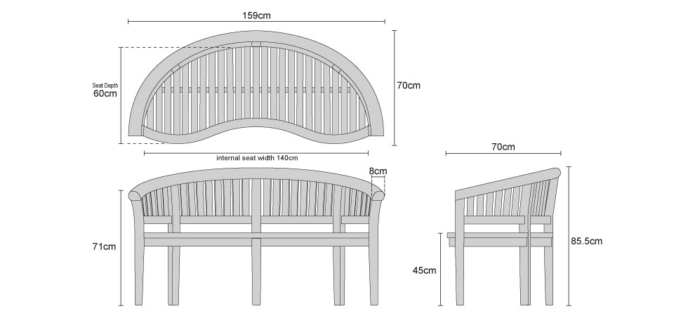 Teak Banana Garden Bench - Dimensions