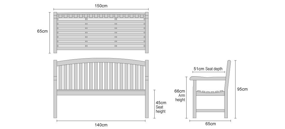 Clivedon Teak 3 Seater Garden Bench - Dimensions