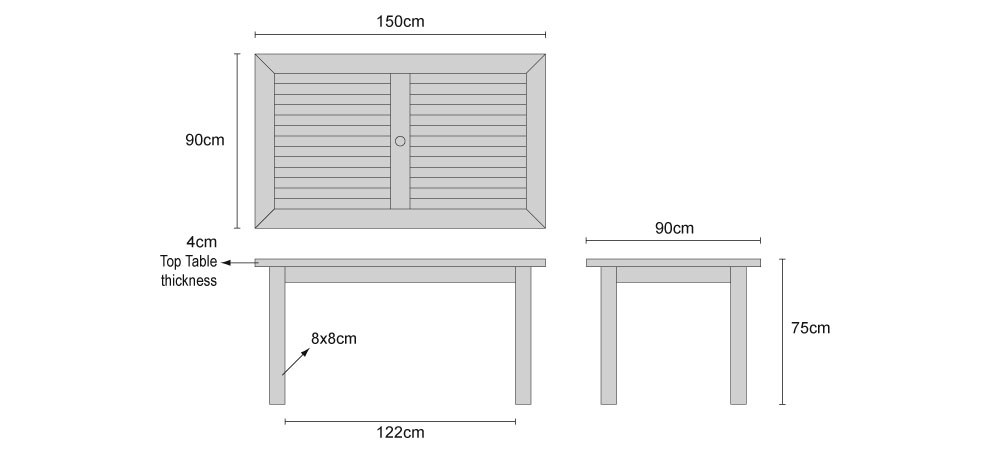 Balmoral 5ft Teak Outdoor Oblong Dining Table - Dimensions