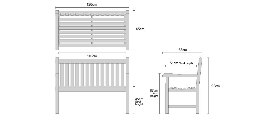 Windsor Garden Bench 1.2m - Dimensions