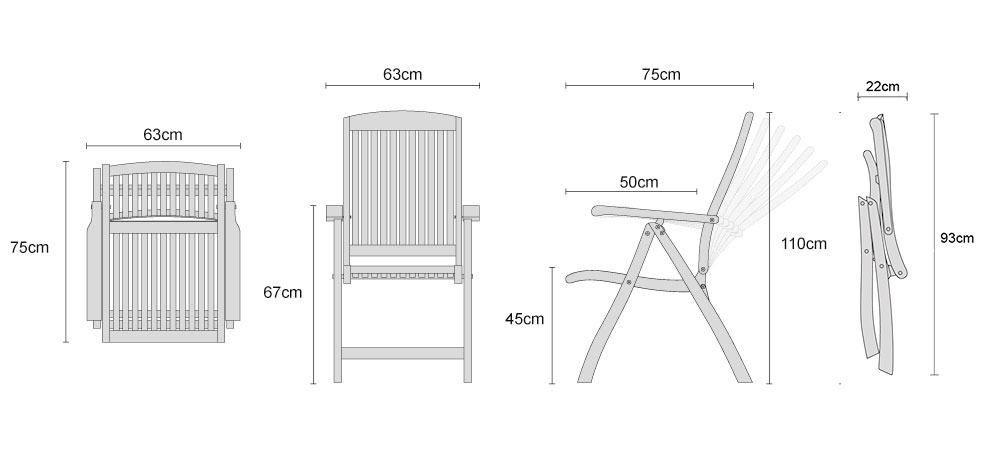 Bali Teak Reclining Chair - DImensions