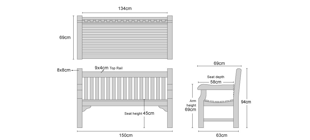 Balmoral 5ft Teak Park Bench - Dimensions