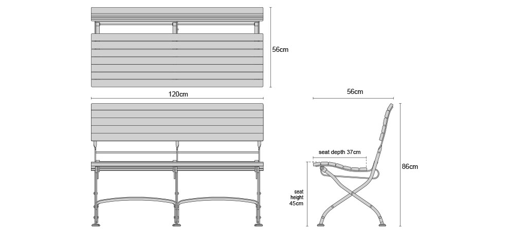 LT141 Bistro 1.2m Garden Bench without Arms - Dimensions