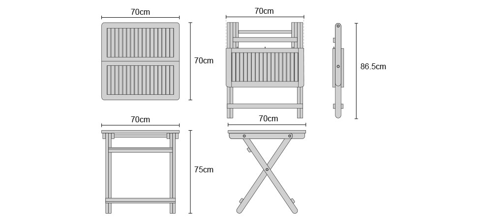 Rimini Teak Square Folding Garden Table - Dimensions