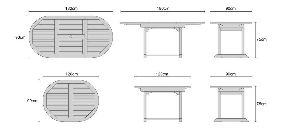 Narrow Teak Extendable Outdoor Dining Table - Dimensions