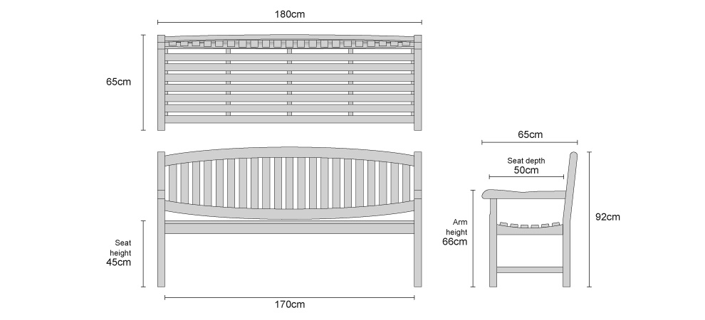 Ascot Teak 4 Seater Garden Bench - Dimensions