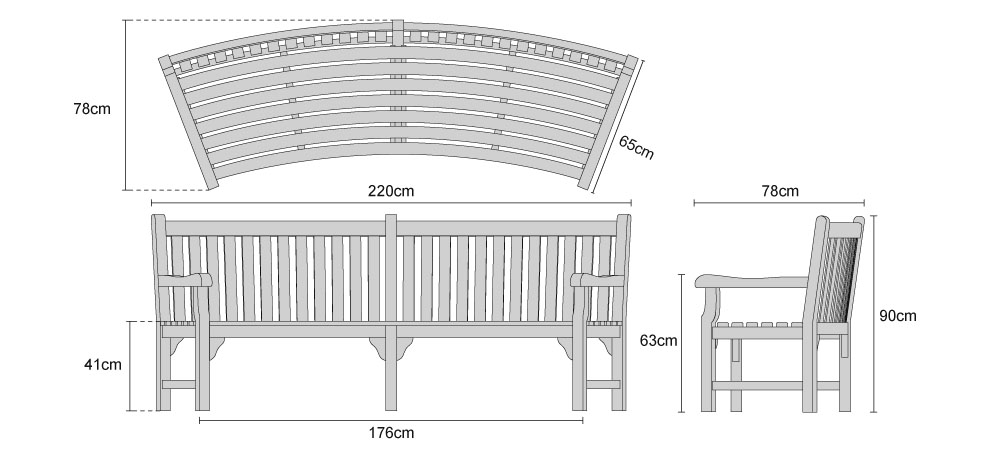 Connaught Teak Curved Garden Bench 2.2m - Dimensions