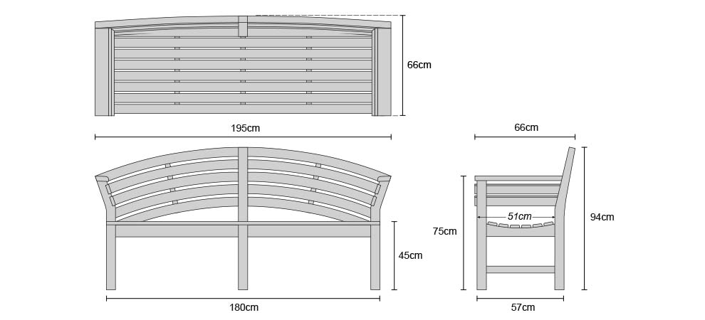 Salisbury Teak Outdoor Wooden Bench 1.95m - Dimensions