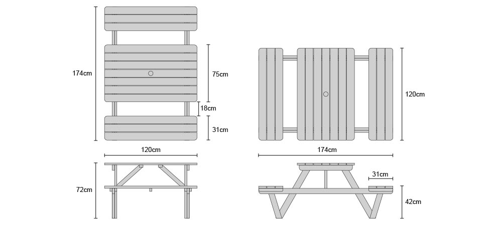 4ft Teak Picnic Bench - Dimensions