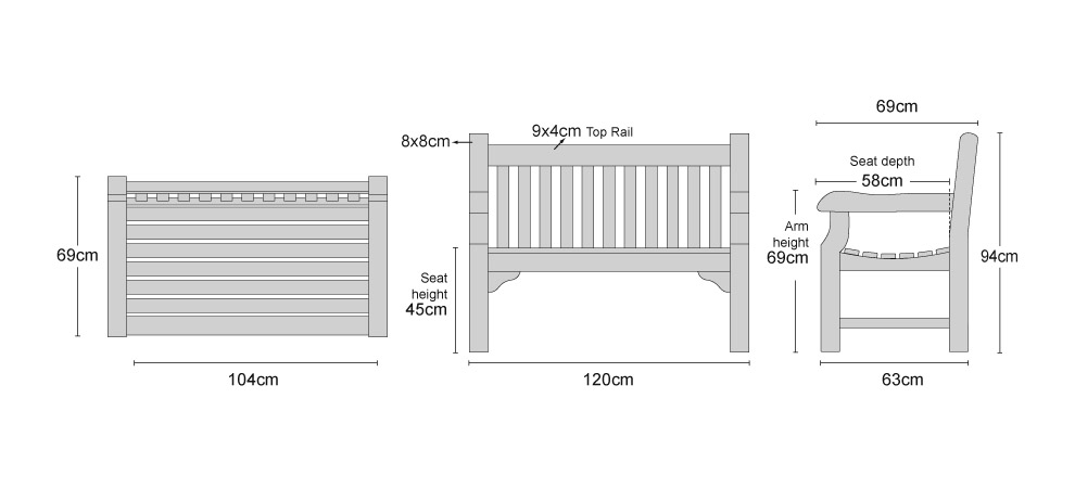 Balmoral 4ft Teak Park Bench - Dimensions