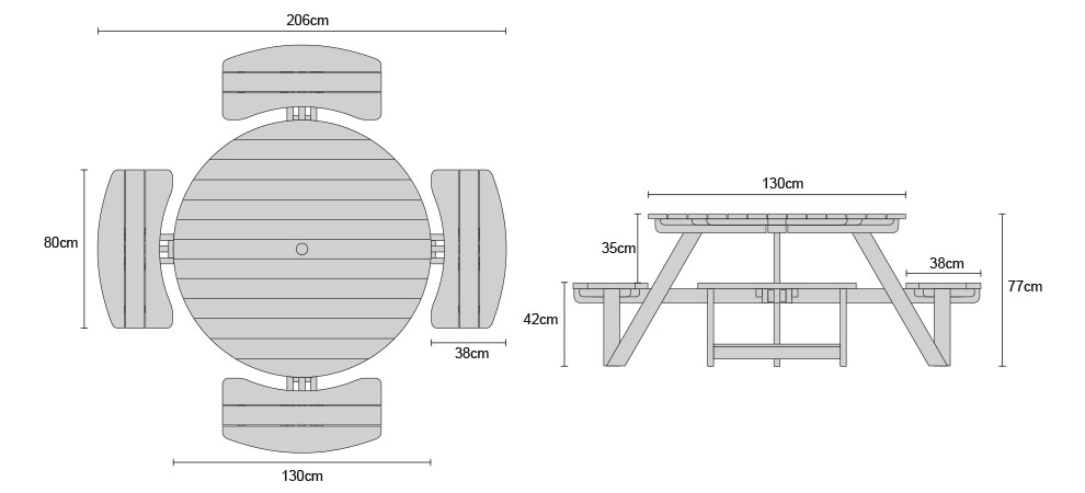 Teak Round Picnic Bench - Dimensions