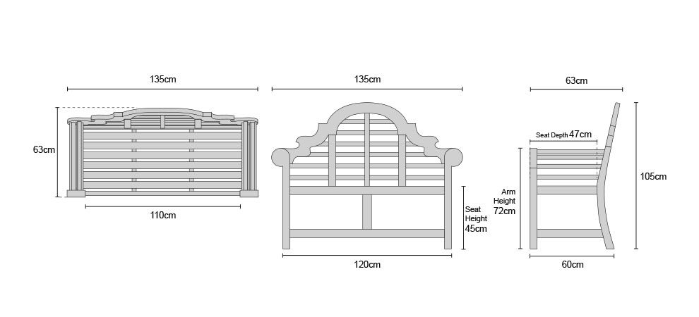 Lutyens Teak Bench 1.35m - Dimensions