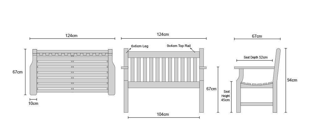 Taverners Teak 2 Seater Garden Bench - Dimensions