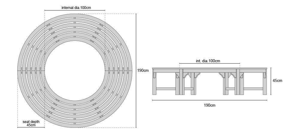 Saturn Teak Circular Tree Seat - Backless Wrap Around Tree Bench - Dimensions