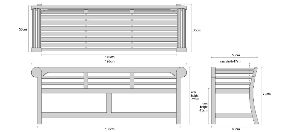 Low Back Teak Lutyens Bench 1.95m - Dimensions