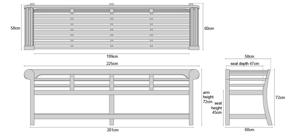 Low Back Teak Lutyens Bench 2.25m - Dimensions