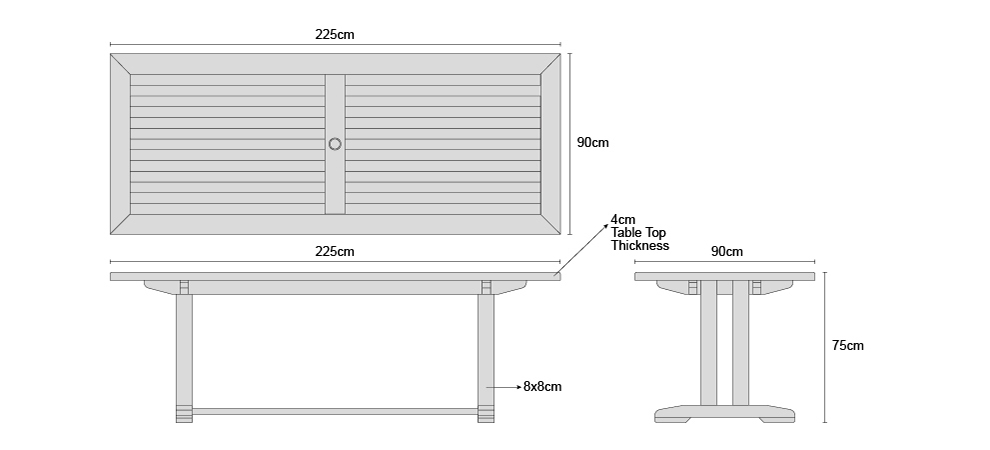 Cadogan Large Teak Garden Table 2.25m - Dimensions