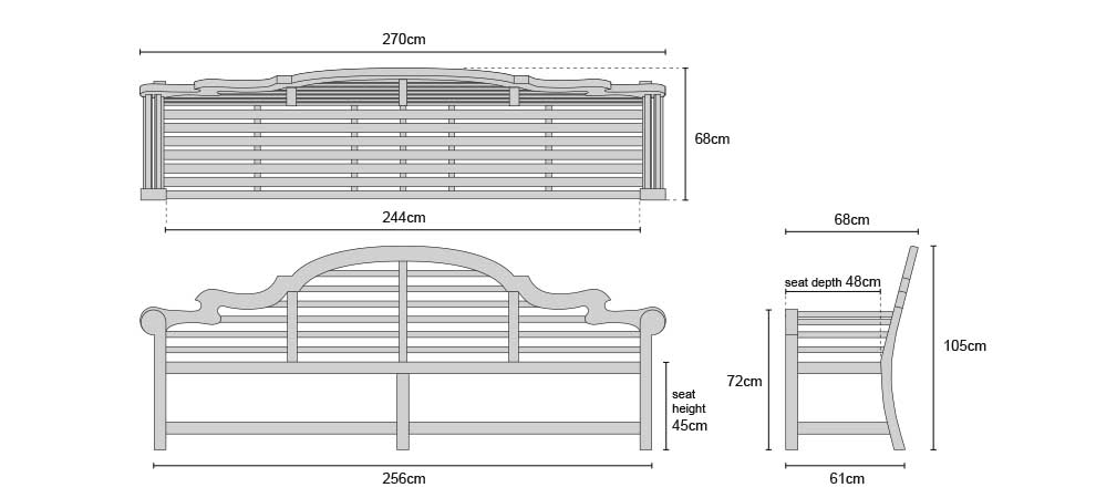 Extra Large Lutyens Teak Bench - Dimensions